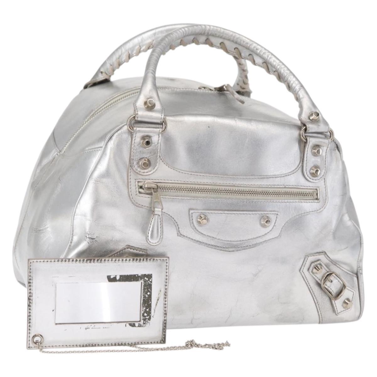 Balenciaga Grease Hand Bag Leather Silver 203249 Auth Bs30812